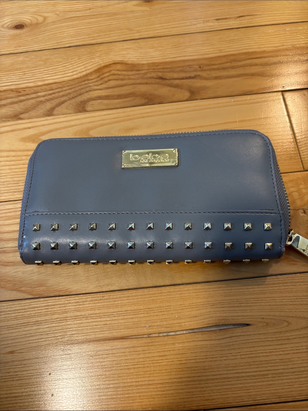 Bebe Studded Zip-Around Wallet in Gray with Silver Studs and Gold Logo